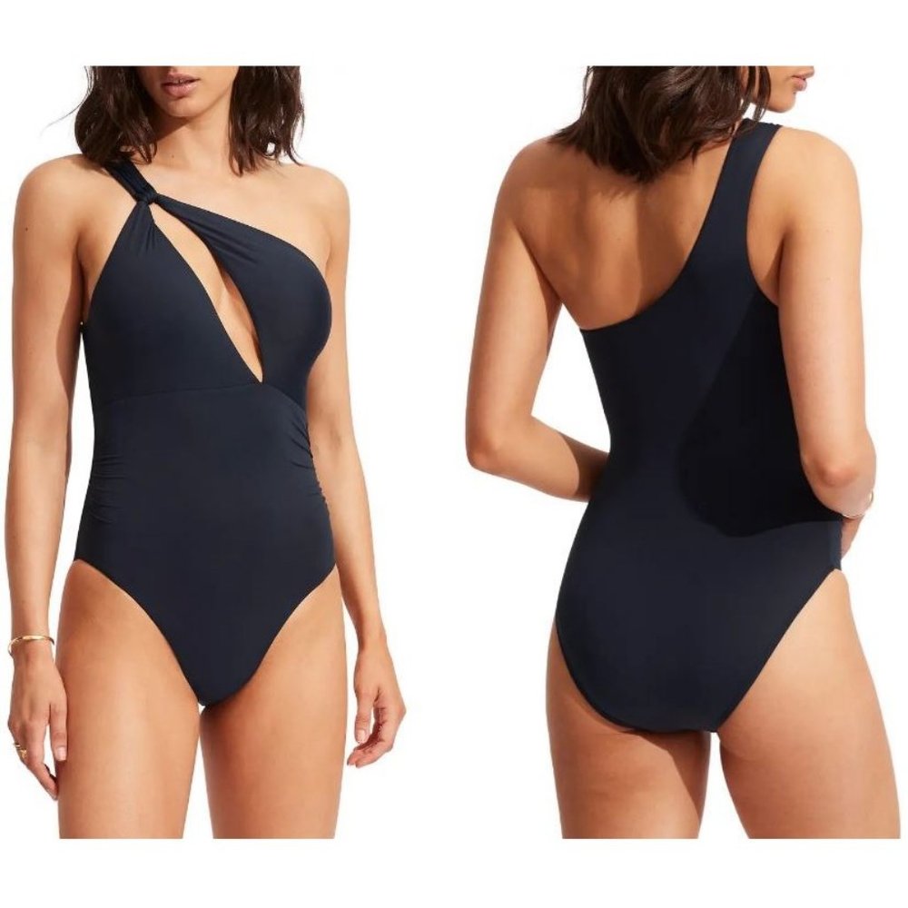 NWOT Seafolly One-Shoulder Cutout One-Piece Swimsuit True Navy Blue US 10